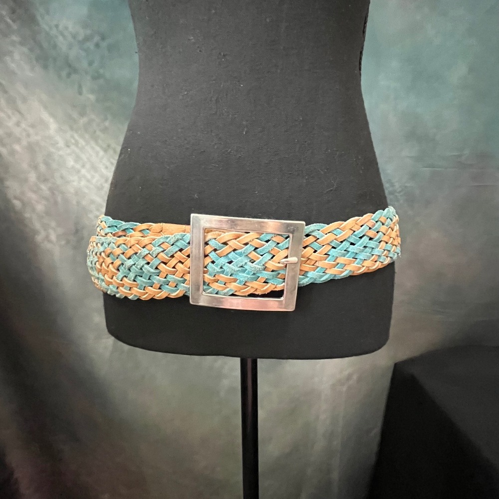 Woven Braided Leather Belt Turquoise Blue Tan Wide Square Silver‎ Buckle Boho